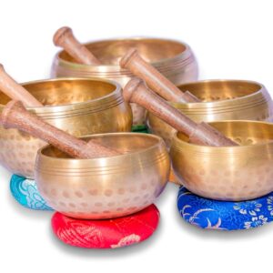 Tibetan Singing Bowl Set of 5, Authentic 7 metals Meditation Sound Bowl for Yoga, Chakra healing, Deep Relaxation, Stress Relief and Mindfulness, Handmade in Nepal, comes w/ silk cushions and 5 sticks