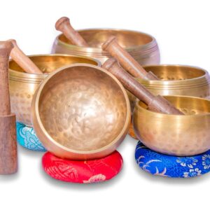 Tibetan Singing Bowl Set of 5, Authentic 7 metals Meditation Sound Bowl for Yoga, Chakra healing, Deep Relaxation, Stress Relief and Mindfulness, Handmade in Nepal, comes w/ silk cushions and 5 sticks