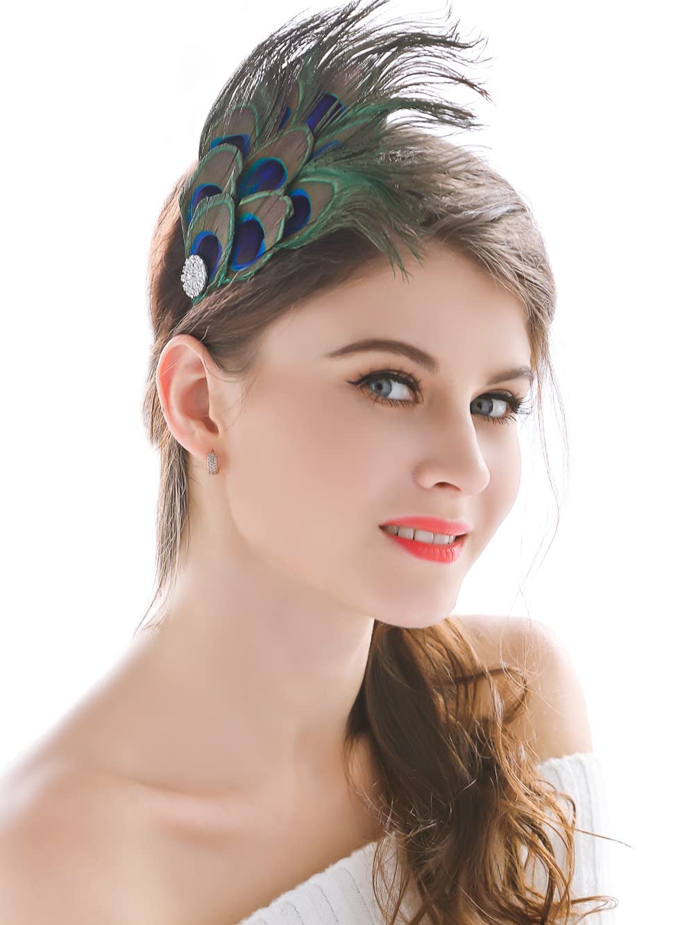 Aukmla Peacock Feather Headband Green 1920s Flapper Headpiece Rhinestones Costume Headdress Hair Accessories for Women and Girls