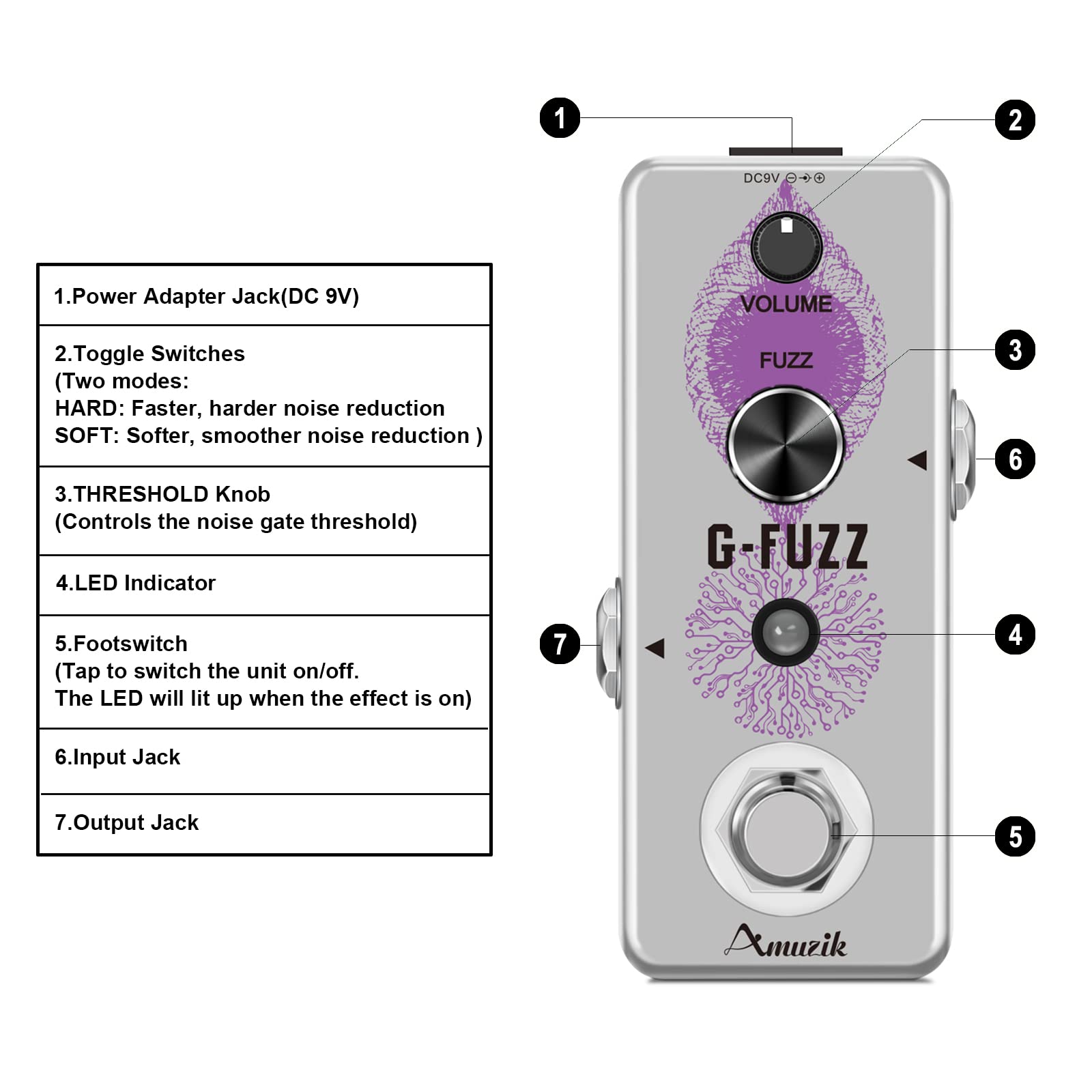 Amuzik Classic Guitar Pedals Analog Fuzz Effect Pedal Vintage G-Fuzz Effect Pedal For Electric Guitar Bass with True Bypass