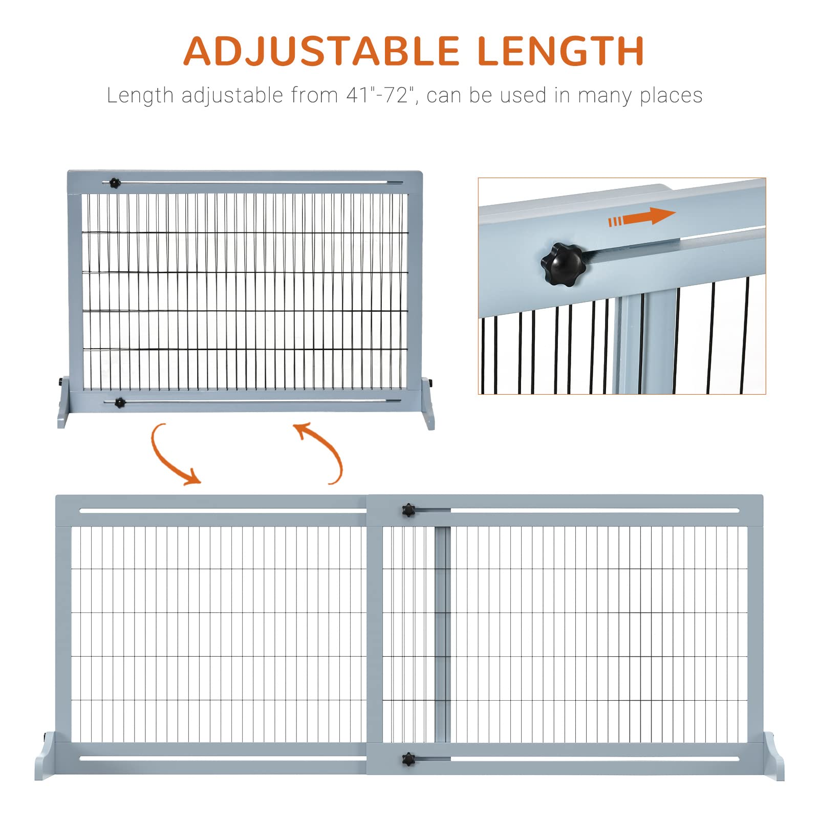 PawHut 72" W x 27.25" H Extra Wide Freestanding Pet Gate with Adjustable Length Dog, Cat, Barrier for House, Doorway, Hallway, Gray