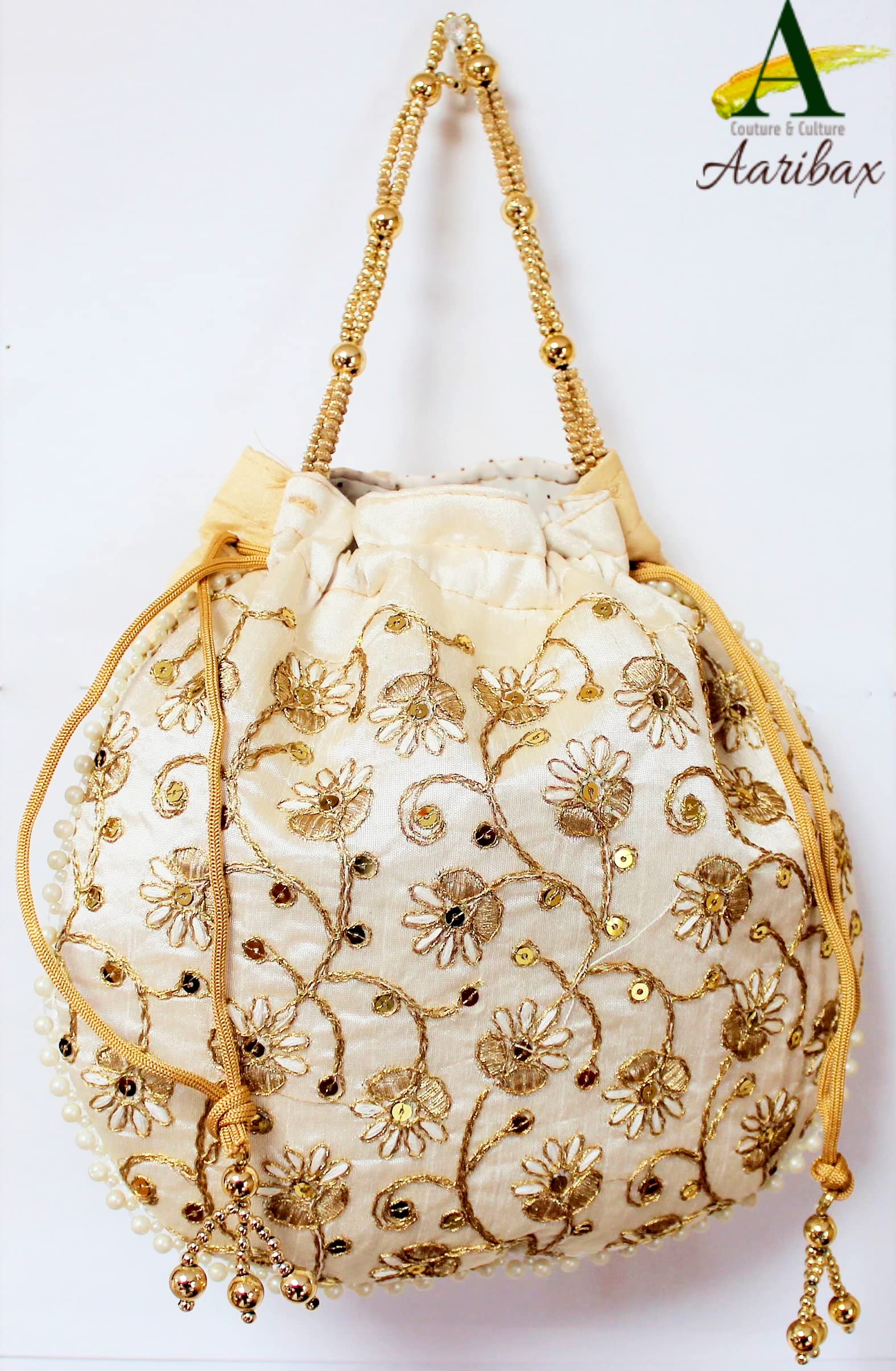 Stylish Aaribax Potli Bag: Large Indian Evening Handbag for Women, featuring Gold Clutch Purses with Handle, Perfect for Weddings & Parties