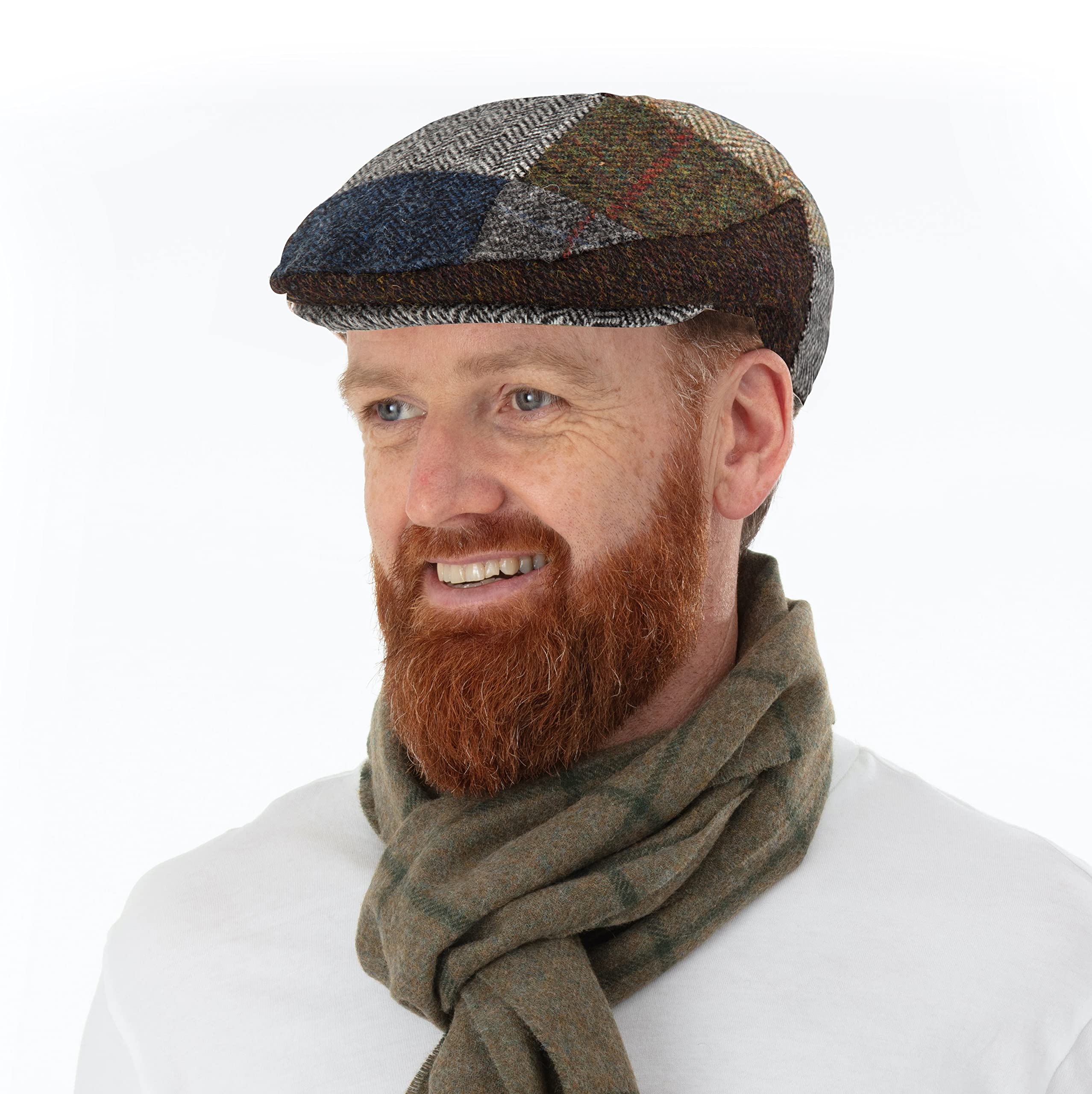 Barefoot Bagpiper Patch Harris Tweed Flat Cap or Scally Cap for Men Scottish Hat Driving Cap Ivy Cap Irish Flat Hat Newsboy Hat (Medium) Grey