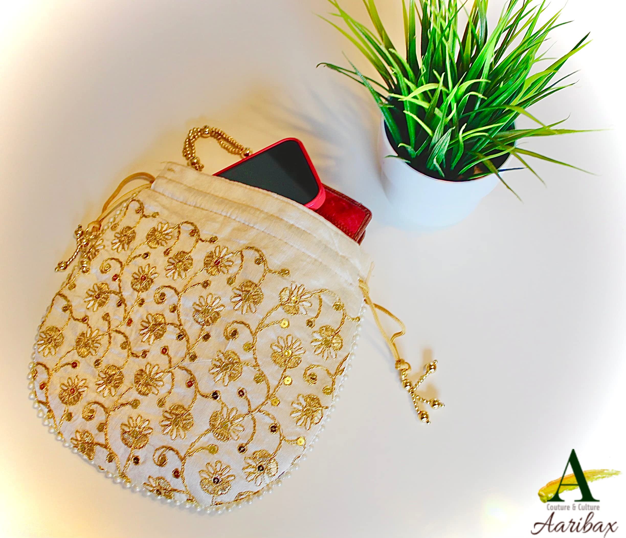 Stylish Aaribax Potli Bag: Large Indian Evening Handbag for Women, featuring Gold Clutch Purses with Handle, Perfect for Weddings & Parties