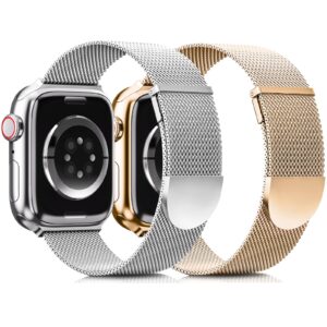 2 pack metal magnetic band compatible with apple watch bands 38mm 40mm 41mm 42mm 44mm 45mm 49mm women men,milanese loop stainless steel mesh adjustable strap for iwatch series 9 8 7 6 5 4 3 2 se ultra