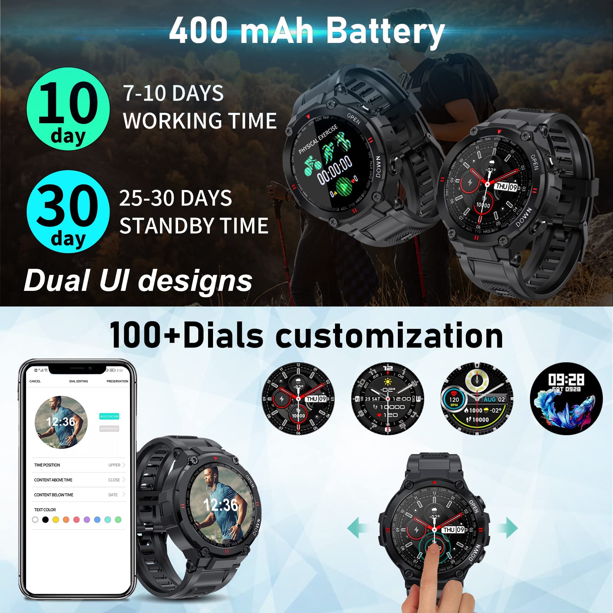 GUCABE Military Smart Watch for Men Outdoor Tactical Smartwatch, ip67 Waterproof Rugged Bluetooth Dail Calls Speaker 1.3" HD Touch Screen GPS Tracker Heart Rate Sleep Monitor