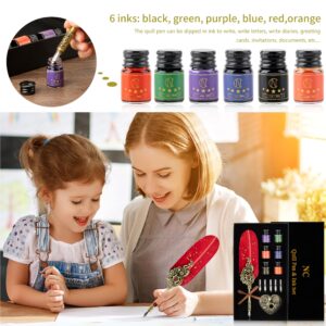 NC Quill Pen and Ink Set, Includes Quill Pen and 6 Bottles Color Ink, 5 Replaceable Nibs, Pen Holder, Christmas gifts,Valentine’s Day Gift,Birthday Gift, Calligraphy Set Holiday Ideal Gift.(Red)