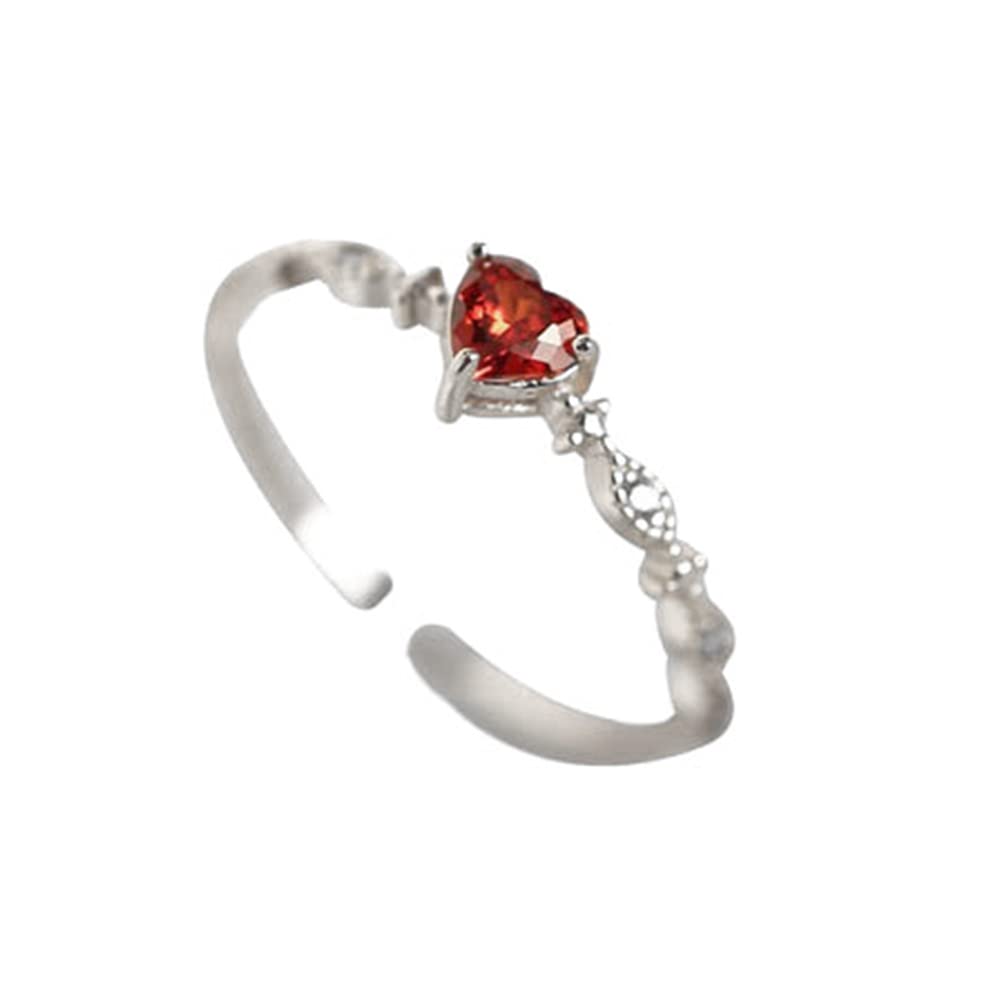 Delicate Red Heart 925 Sterling Silver Statement Adjustable Ring for Women Girls Cubic Zirconia CZ Love-Heart Shaped Beaded Open Wrap Rings Comfort Fit Birthday Wedding Anniversary Jewelry Size 6-10