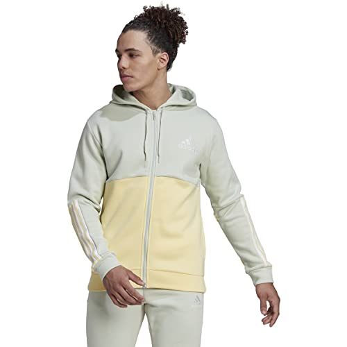 adidas Men's Essentials Colorblock Full Zip Hoodie, Linen Green/Almost Yellow, Large