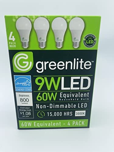 Greenlite 4 Pack 9W LED 60W Equivalent, Non-Dimmable Light Bulb