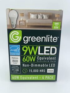 greenlite 4 pack 9w led 60w equivalent, non-dimmable light bulb