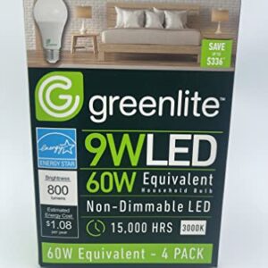 Greenlite 4 Pack 9W LED 60W Equivalent, Non-Dimmable Light Bulb