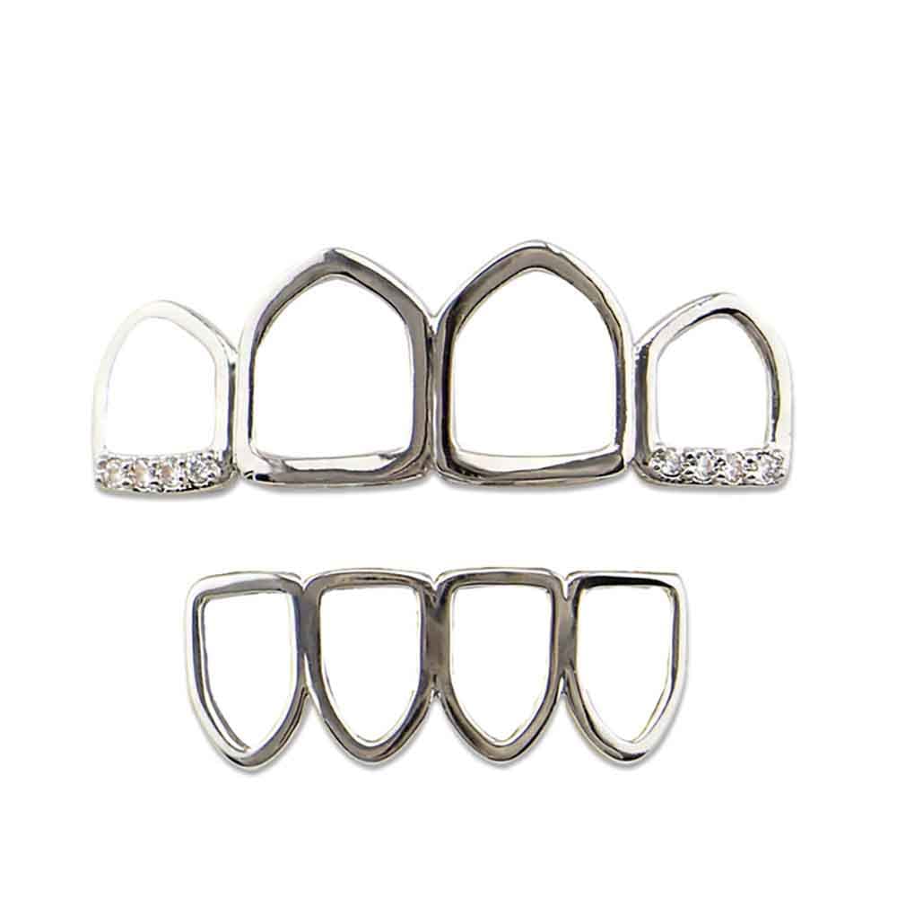 Psivika Gold Teeth Grillz Open Face Outline 4 Teeth Vampire Fangs Grillz for Men and Women (Silver)