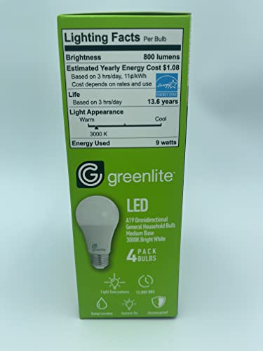 Greenlite 4 Pack 9W LED 60W Equivalent, Non-Dimmable Light Bulb