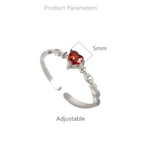 Delicate Red Heart 925 Sterling Silver Statement Adjustable Ring for Women Girls Cubic Zirconia CZ Love-Heart Shaped Beaded Open Wrap Rings Comfort Fit Birthday Wedding Anniversary Jewelry Size 6-10