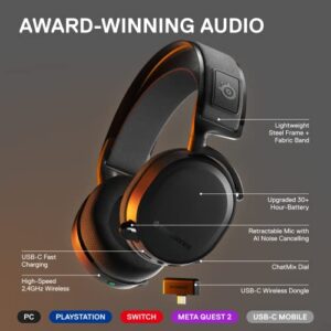 SteelSeries Arctis 7+ Wireless Gaming Headset – Lossless 2.4 GHz – 30 Hour Battery Life – USB-C – 7.1 Surround – For PC, PS5, PS4, Mac, Android and Switch - Black