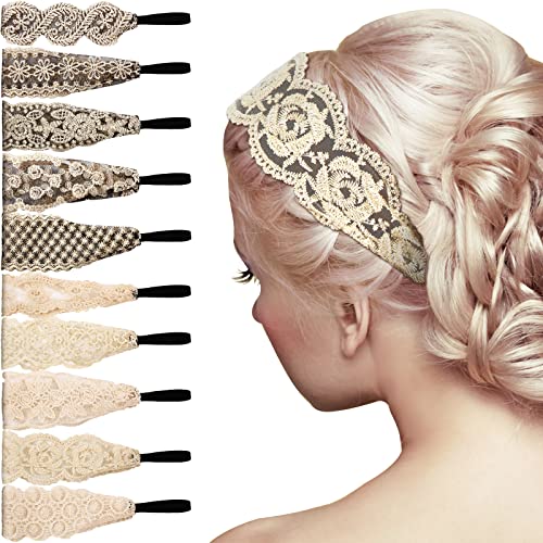 Dilunave 10 Pieces Lace Hairbands, Elastic Dressy Women Headbands, Cute Lace Stretch Headbands, Cloth Elegant Headband Women Hair Accessories, Wide Headwrap for Girls Teens