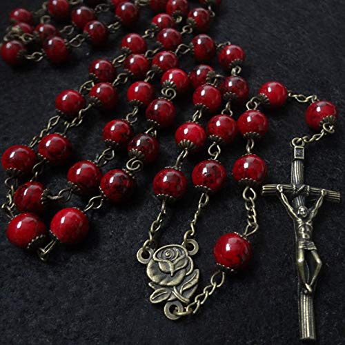 Christmas Deep Red Crystal Beads Rosary Necklace Catholic Prayer Jerusalem Holy Soil Medal Cross Holy Land Antique Religious Rosaries Beads Collection