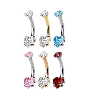 Pierced Owl 14GA G23 Implant Grade Titanium Prong Set CZ Crystal Heart Internally Threaded Belly Button Ring (Silver Tone/Red)