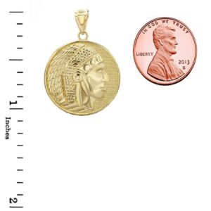 14K Yellow Gold Round Native American Apache Indian Chief Head Coin Medal Pendant