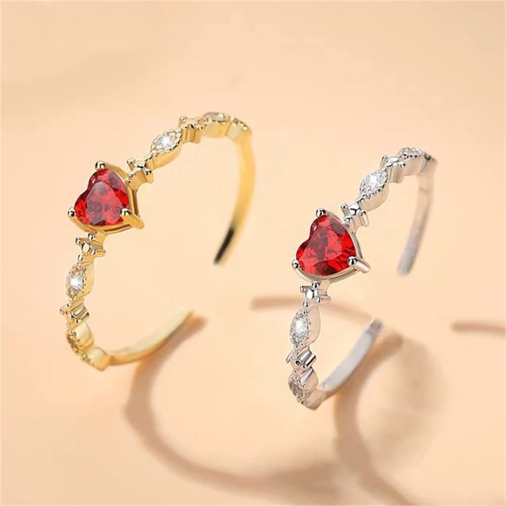 Delicate Red Heart 925 Sterling Silver Statement Adjustable Ring for Women Girls Cubic Zirconia CZ Love-Heart Shaped Beaded Open Wrap Rings Comfort Fit Birthday Wedding Anniversary Jewelry Size 6-10