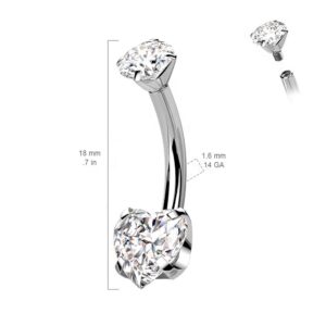 Pierced Owl 14GA G23 Implant Grade Titanium Prong Set CZ Crystal Heart Internally Threaded Belly Button Ring (Silver Tone/Red)