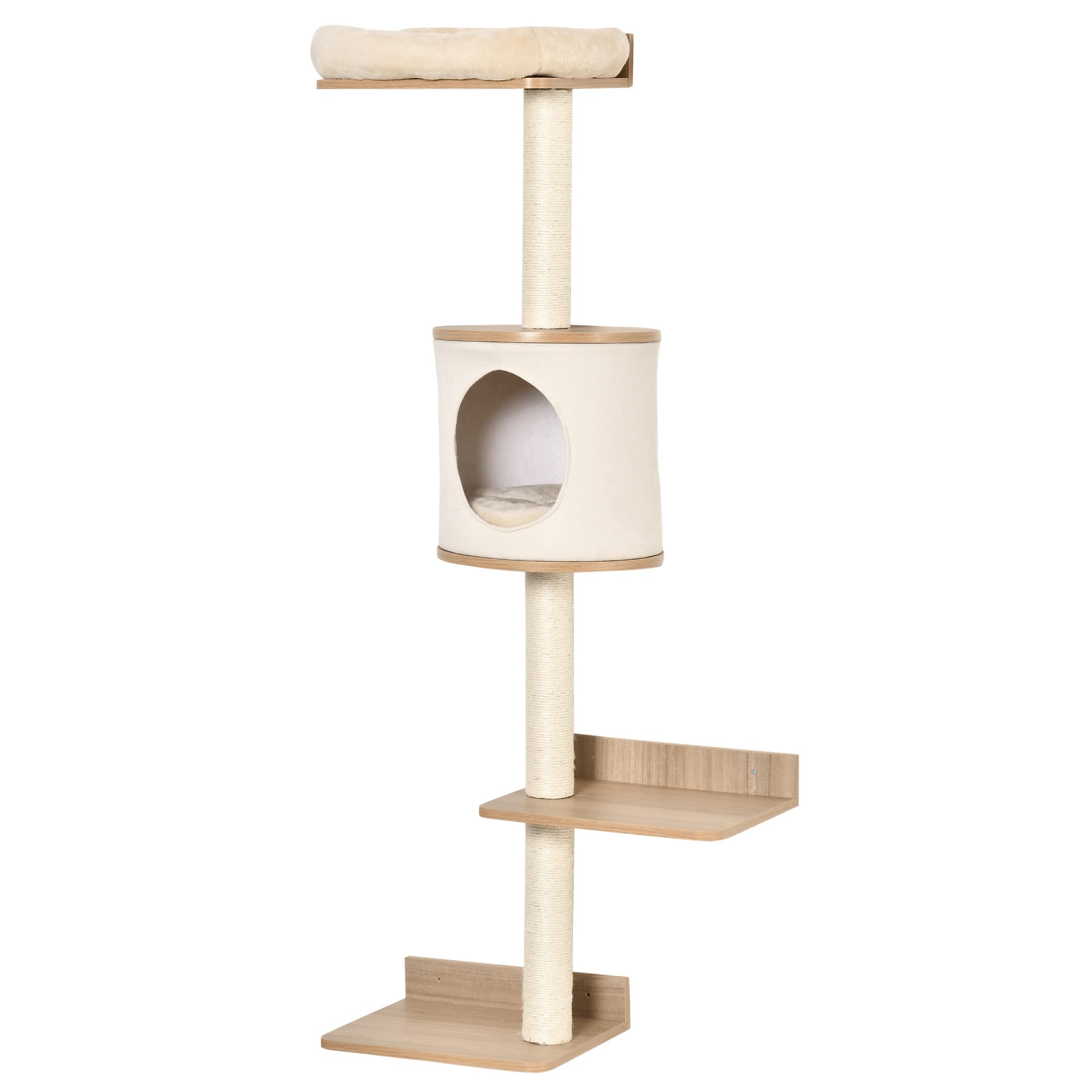 PawHut 4-Level Wall-Mounted Cat Tree Activity Tower, Wall Cat Shelves with Sisal Rope Scratching Posts, Cat Condo and Bed, Light Brown