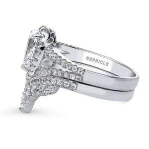 BERRICLE Sterling Silver Halo Wedding Engagement Rings Pear Cut Cubic Zirconia CZ Split Shank Ring Set for Women, Rhodium Plated Size 7