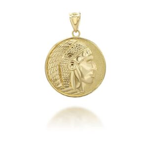 14K Yellow Gold Round Native American Apache Indian Chief Head Coin Medal Pendant