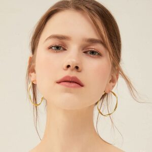 24K Gold Hoop Earrings for Women Trendy Real Gold Plated Large Twisted Thin Huggie Hoops 50mm, Dainty Cute Big Gold Filled Dangle Hoop Nickel Free Womens Earrings for Sensitive Ears Hypoallergenic