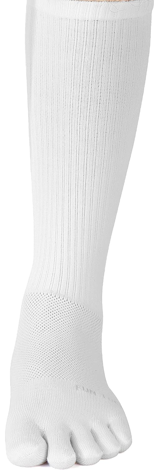 FUN TOES Men Crew Toe Socks Athletic Running Socks - Arch Support - Proper Toe Alignment - Breathable Mesh Top - Soft and Stretchy Value 6 Pairs Pack size 6-12 (White)