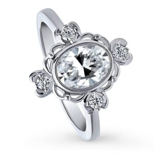 BERRICLE Sterling Silver Flower Cubic Zirconia CZ Art Deco Promise Ring for Women, Rhodium Plated Size 9