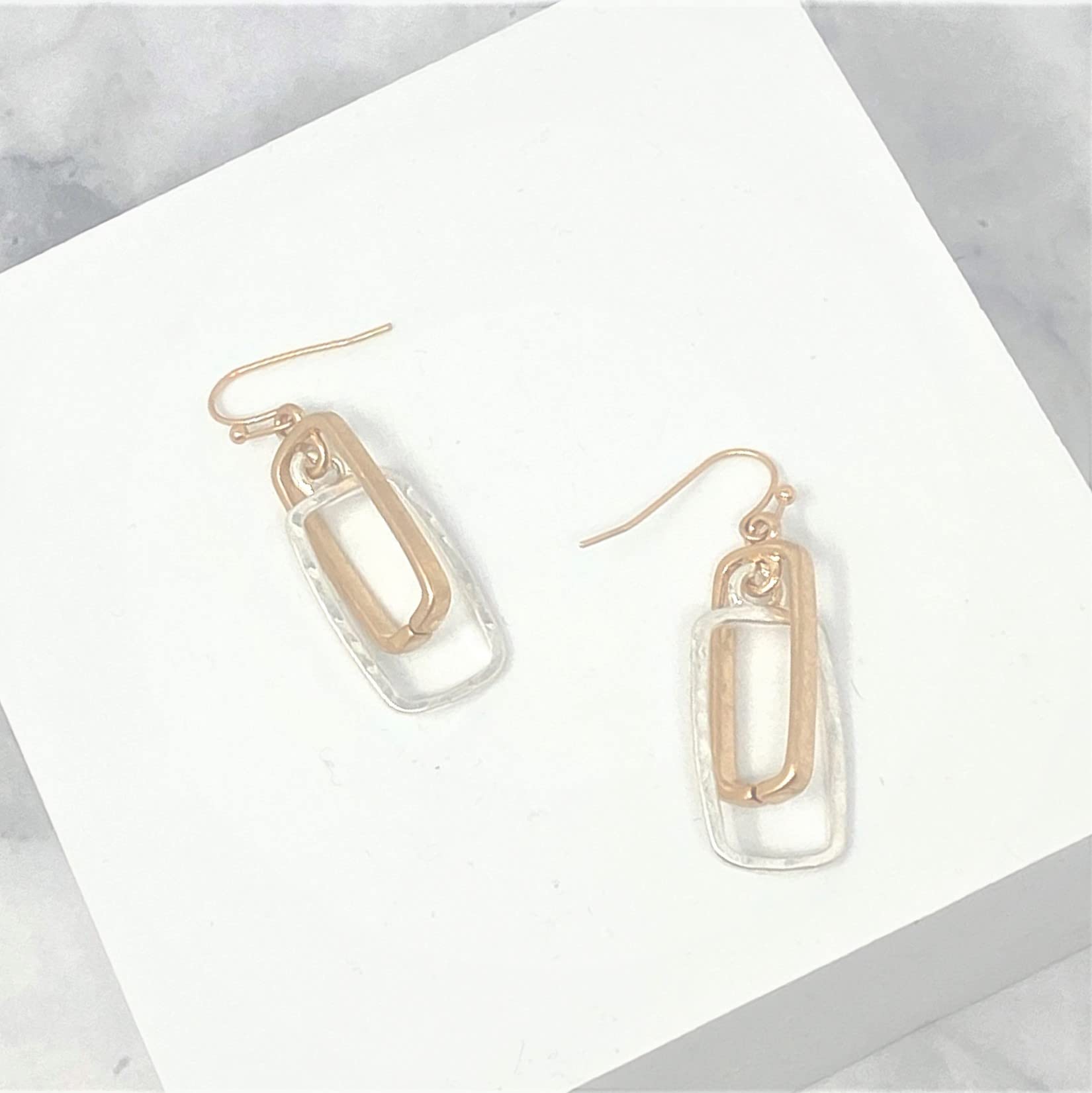 POMINA Lightweight Geometric Gold Silver Two Tone Hammered Dangle Drop Earrings Linked Circle Rectangle Oval Trendy Fashion Dangling Earrings for Women (Square_Two tone)