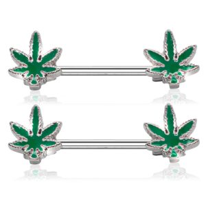 pierce2go 14g nipple piercing surgical stainless-steel set of 2 barbell glow in the dark marijuana weed cute nipple rings nipple piercing jewelry for women - 9/16" barbell (green)