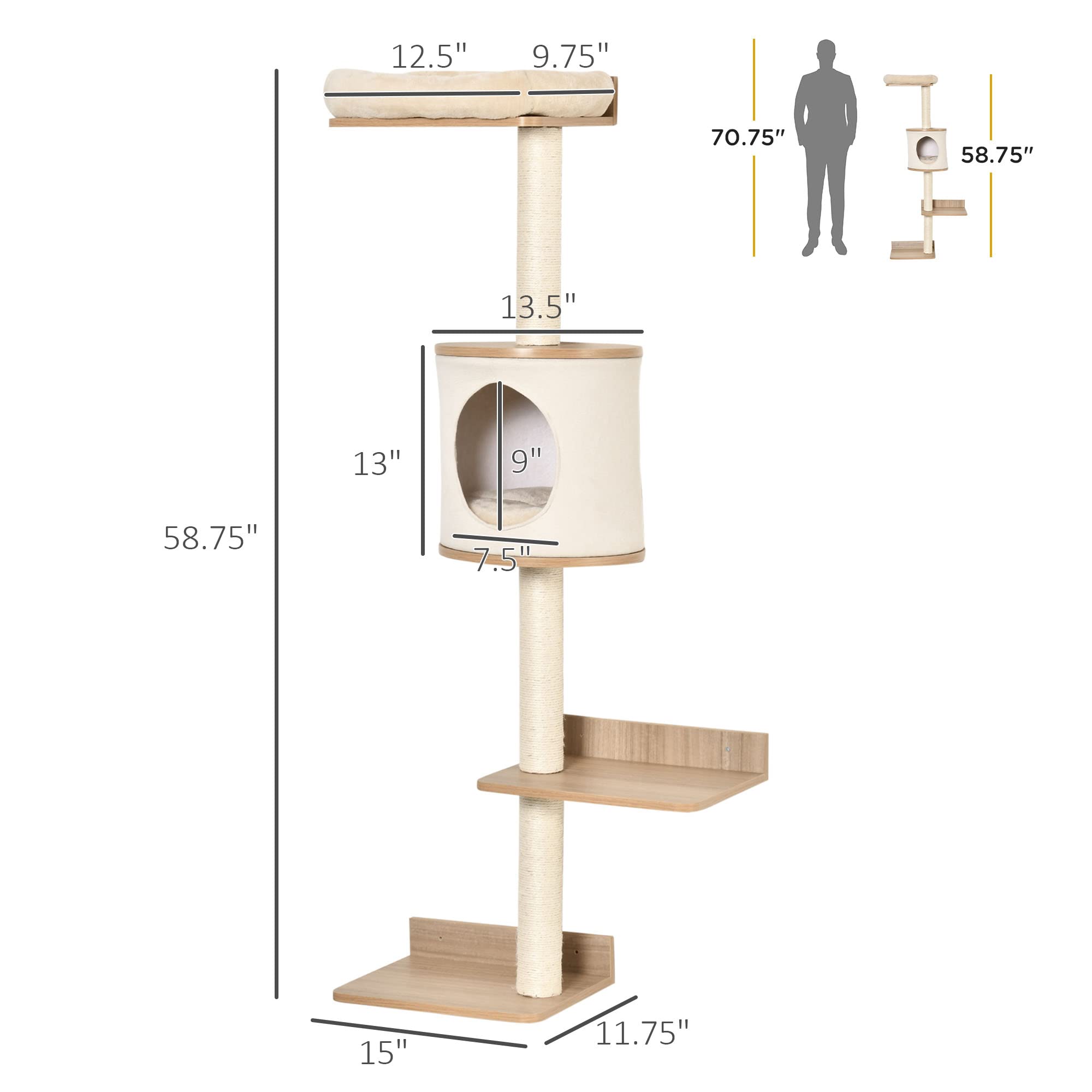 PawHut 4-Level Wall-Mounted Cat Tree Activity Tower, Wall Cat Shelves with Sisal Rope Scratching Posts, Cat Condo and Bed, Light Brown