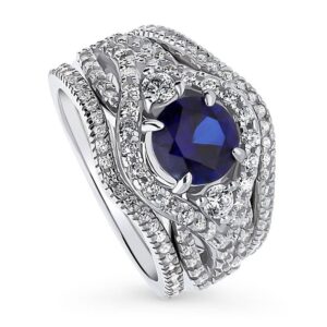 berricle sterling silver 3-stone wedding engagement rings simulated blue sapphire round cubic zirconia cz halo ring set for women, rhodium plated size 8