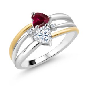 925 silver and 10k yellow gold created ruby moissanite from charles & colvard and lab grown diamond ring for women (1.12 cttw, heart shape 5mm, gemstone birthstone, available in size 5, 6, 7, 8, 9)