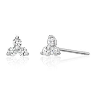 Solid 14k Gold Mini Lotus Cubic Zirconia Studs, Trefoil Trinity Triple Cluster Minimalist Earrings (White Gold)