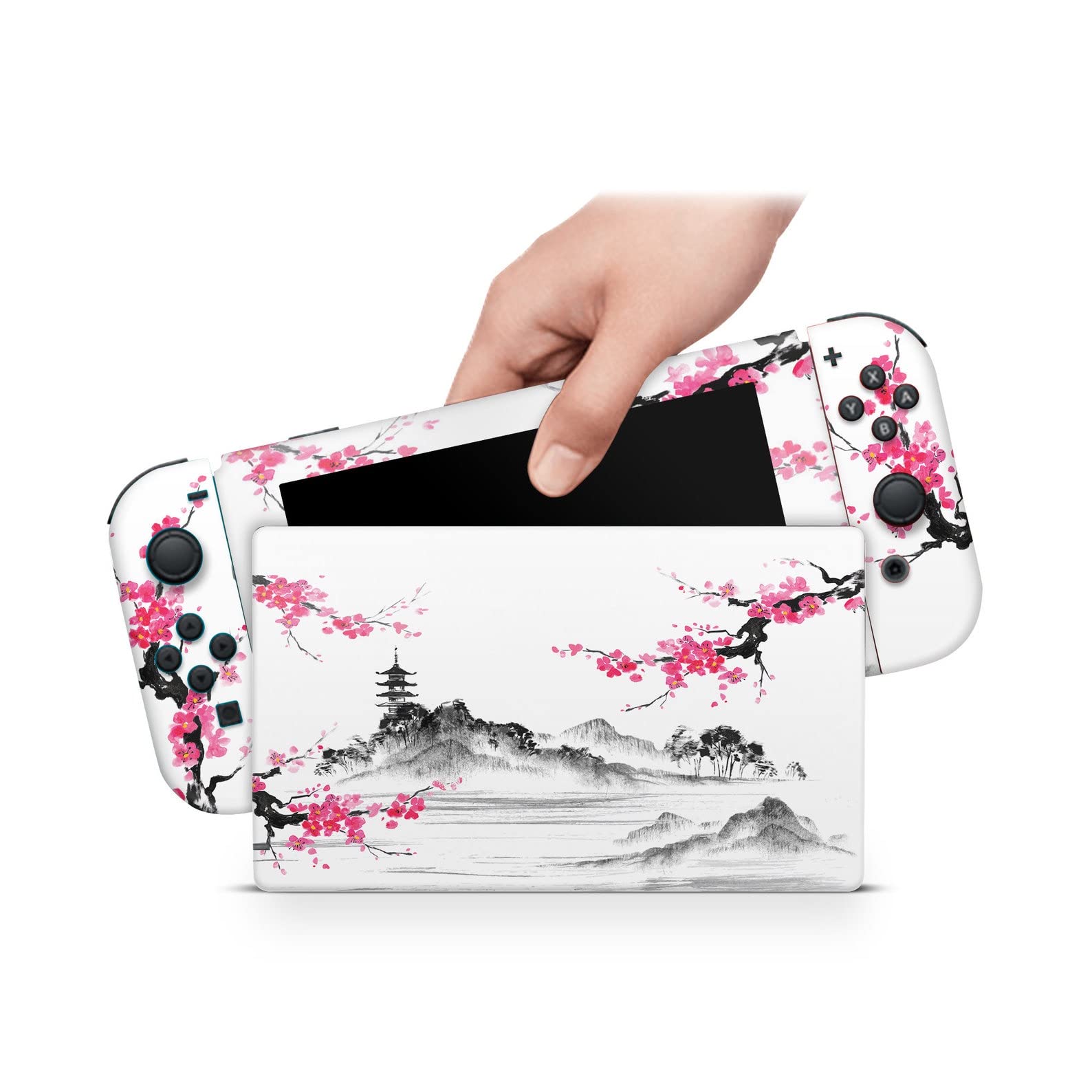 ZOOMHITSKINS OLED Switch Skin, Compatible with Switch OLED Skin Wrap, Japanese Asian Temple Cherry Blossom Flower Nature Pink Samurai, 3M Vinyl for Durable & Fit, Made in The USA