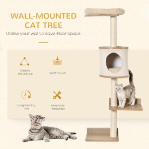 PawHut 4-Level Wall-Mounted Cat Tree Activity Tower, Wall Cat Shelves with Sisal Rope Scratching Posts, Cat Condo and Bed, Light Brown