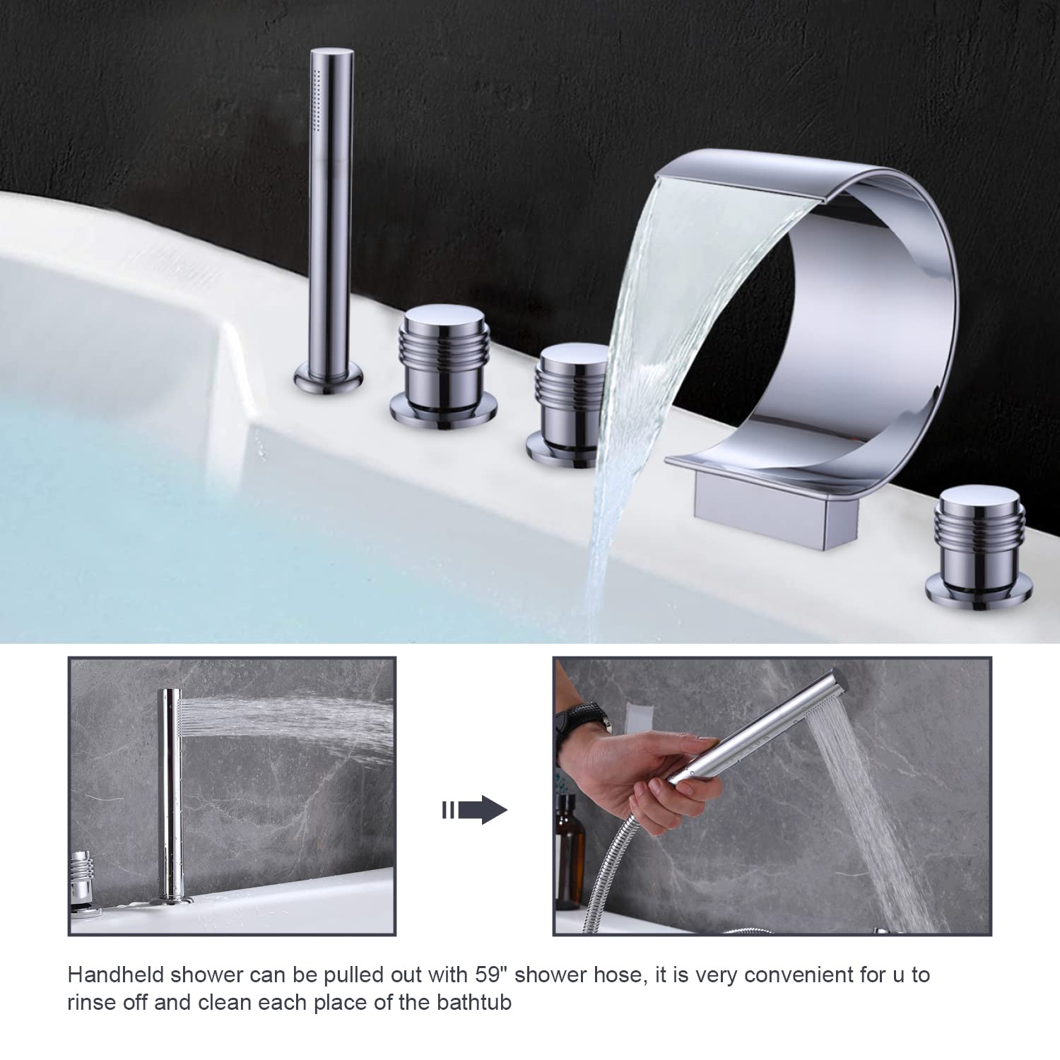 AZOS Waterfall Bathtub Faucet Set with Handheld 5 Holes Bath Tub Faucet Combo Set 3 Handle Waterfall Tub Filler Faucet with Spray 5- Pieces Deck Mount Roman Tub Faucet Trim Kit, Chrome