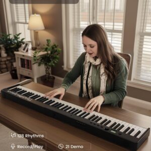 Finger Dance Folding Piano Keyboard 88 Keys, Portable Electric Keyboard with Bluetooth MIDI, Full Size Digital Piano, Wood Grain, Semi-Weighted, Touch Sensitive, with Storage Bag for Beginner