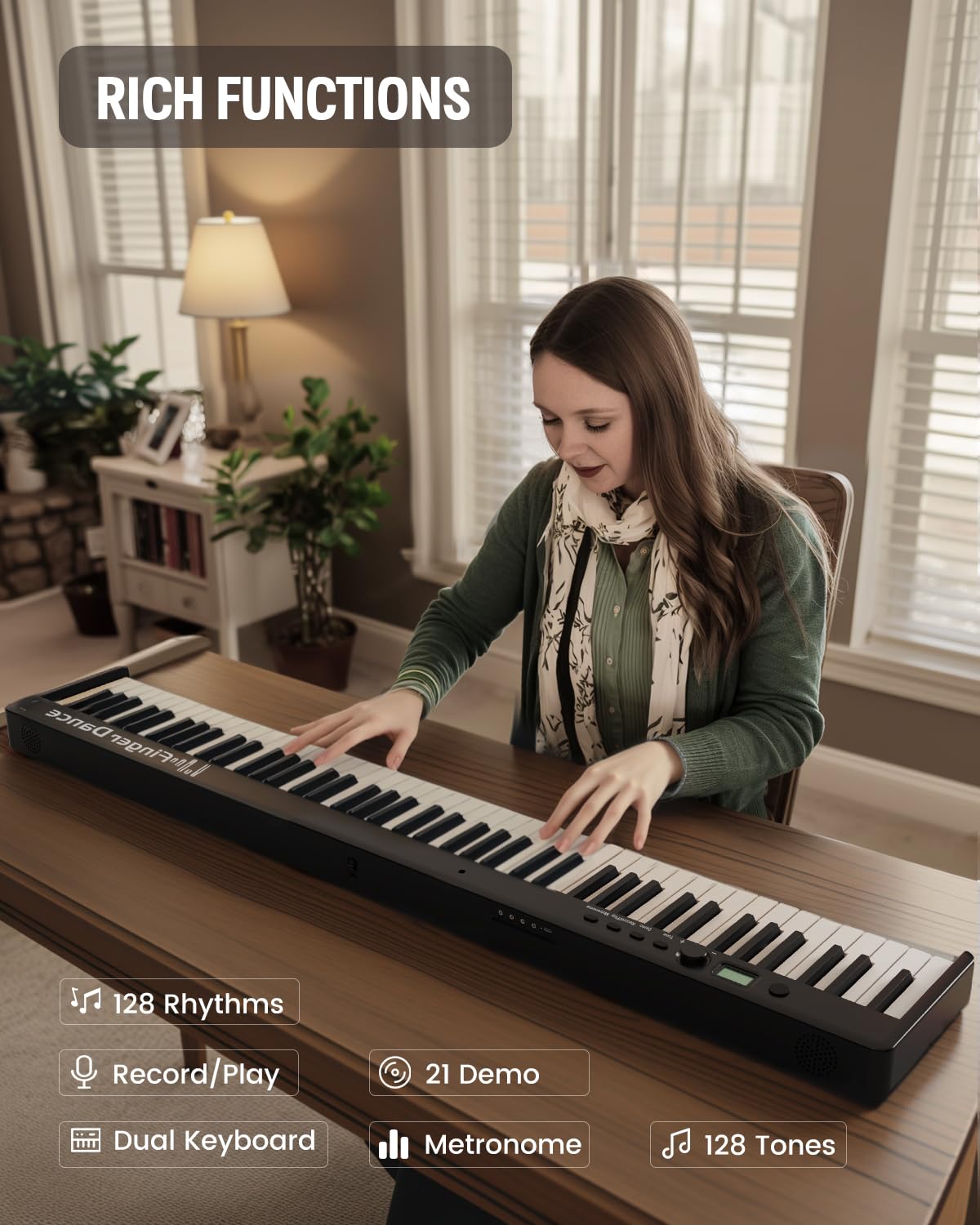 Finger Dance Folding Piano Keyboard 88 Keys, Portable Electric Keyboard with Bluetooth MIDI, Full Size Digital Piano, Wood Grain, Semi-Weighted, Touch Sensitive, with Storage Bag for Beginner