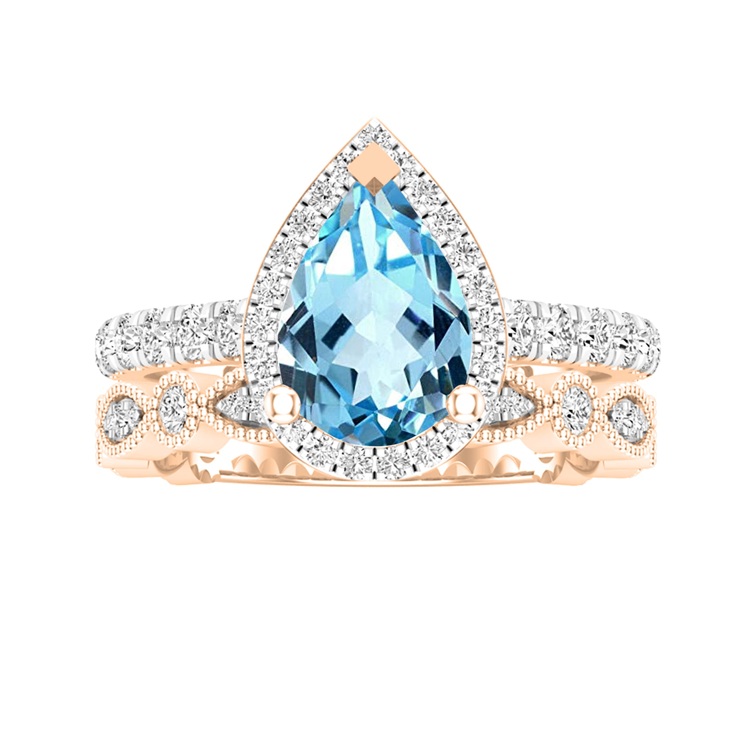 Dazzlingrock Collection 9X6 MM Pear Shaped Blue Topaz and 0.78 Carat Round White Diamond Halo Alternating Marquise and Circle Wedding Ring Set in 10K Rose Gold, Size 5.5