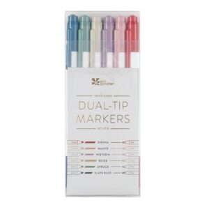 erin condren 6-pack dual-tip marker set - earth tones. focused collection. fine tip and medium tip. writing and drawing markers. sienna, mauve, wisteria, beige, spruce, and slate blue colors