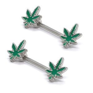 Pierce2GO 14G Nipple Piercing Surgical Stainless-Steel Set of 2 Barbell Glow in the Dark Marijuana Weed Cute Nipple Rings Nipple Piercing Jewelry for Women - 9/16" Barbell (Green)