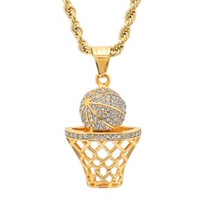 Steeltime Basketball Necklace for Boys - 24-Inch Basketball Chain for Boys with Hoop Pendant & Simulated Diamonds, 18K Plated Solid Stainless Steel, For Sensitive Skin, Includes Velvet Pouch - Gold