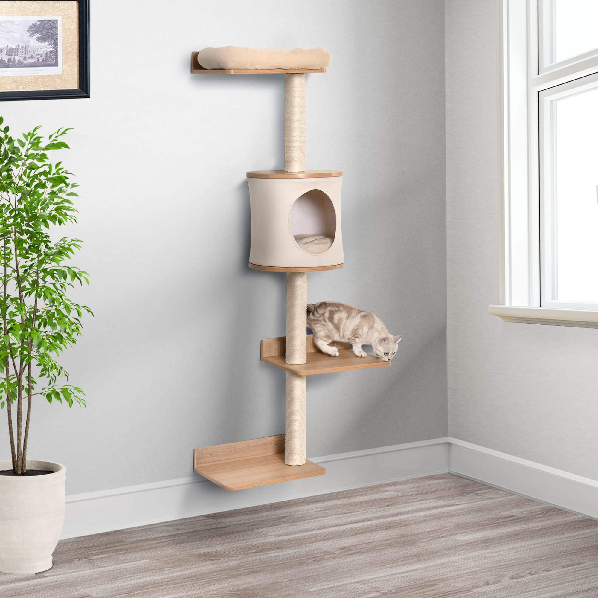 PawHut 4-Level Wall-Mounted Cat Tree Activity Tower, Wall Cat Shelves with Sisal Rope Scratching Posts, Cat Condo and Bed, Light Brown