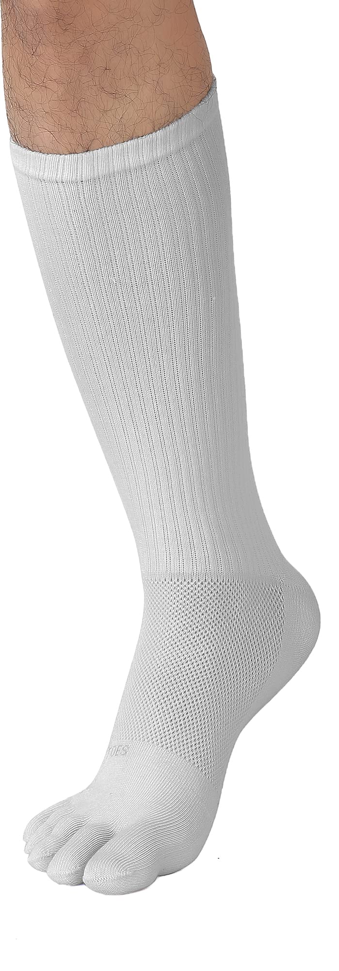 FUN TOES Men Crew Toe Socks Athletic Running Socks - Arch Support - Proper Toe Alignment - Breathable Mesh Top - Soft and Stretchy Value 6 Pairs Pack size 6-12 (White)