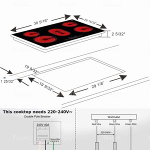 K&H 5 Burner 30 Inch Built-in Electric Stove Top Radiant Ceramic Cooktop Touch Control 240V 8600W CE30-8608